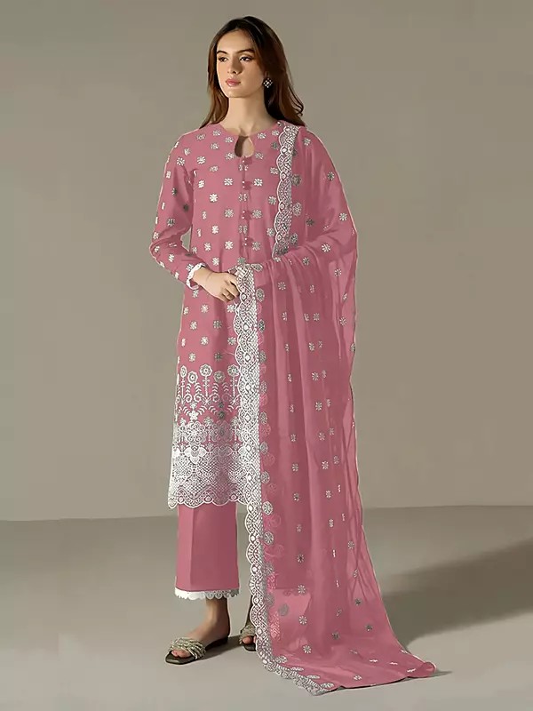 Artisan Faux Georgette Long Straight Suit Featuring Intricate Cotton Thread Embroidery With Designer Dupatta