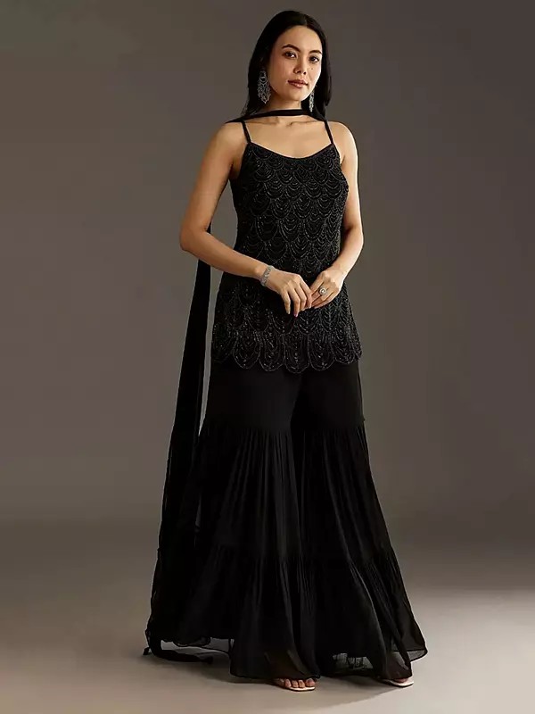 Faux Georgette Palazzo Suit With Intricate Beads Embroidery Elegant Designer Outfit For Festive Party Statement Wear