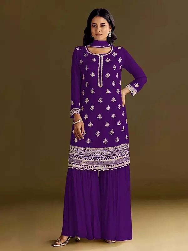 Chinon Palazzo Suit With Intricate Thread Sequin Embroidery And Hand Work Elegant Designer Festive Party Wear