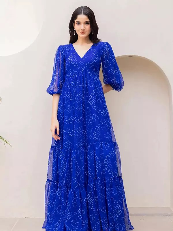 Women's Blue Faux Georgette Maxi Gown Heavy Digital Print Long Sleeve V-Neck Floor Length Party Wear Ethnic Dress