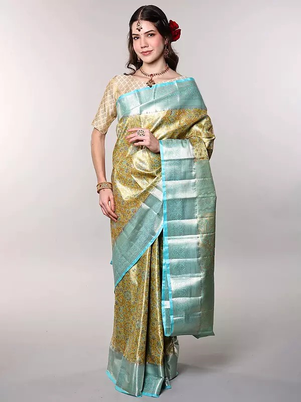 Rice-Gold Pure Silk Saree with Intricate Zari Woven Flowers Vines Pattern on All-over and Contrast Pallu-Border