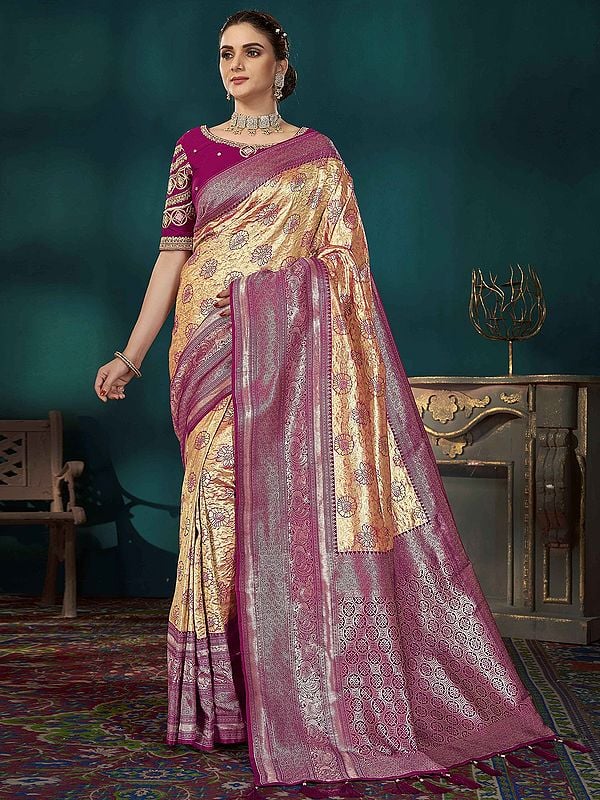 Kanjivaram Silk Floral Broad Border Weaving And Embroidery Work Saree With Tassels Pallu