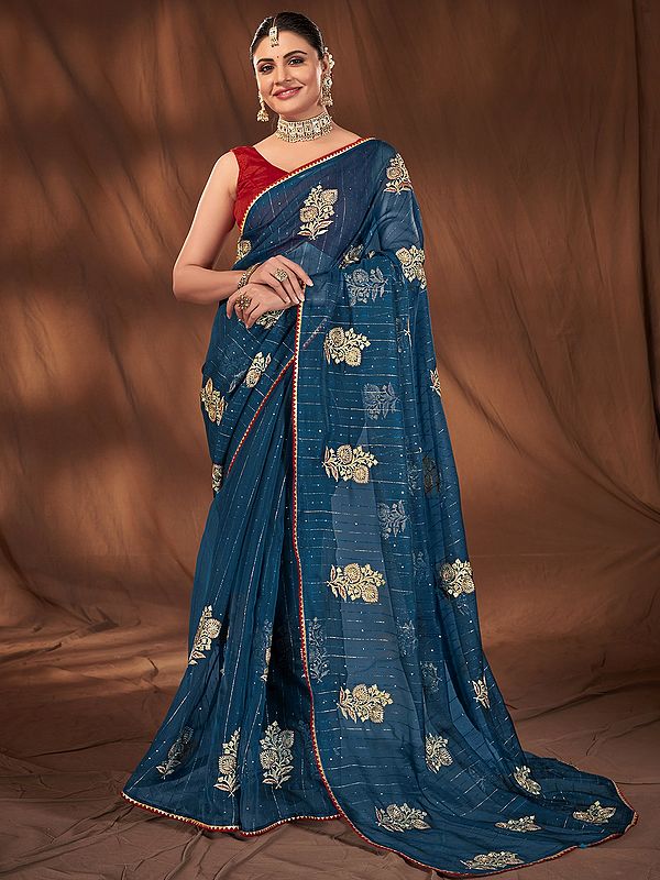 Soft Organza All Over Floral Embroidery Work Party Wear Saree With Blouse