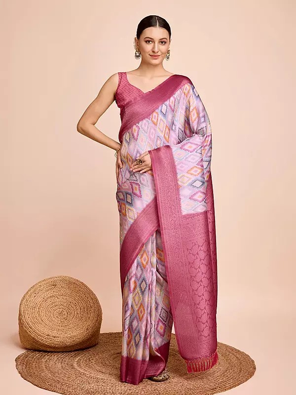 Geometric Pattern Kanjivaram Silk Heavy Jari Weaving & Printed Saree With Tassels Pallu