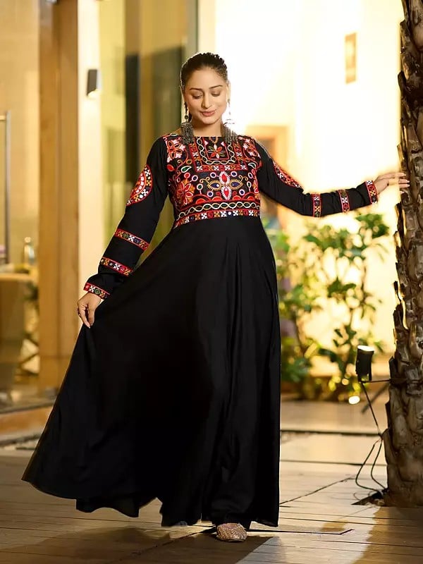 Embroidery And Mirror Work Festival Wear Long Rayon Gown