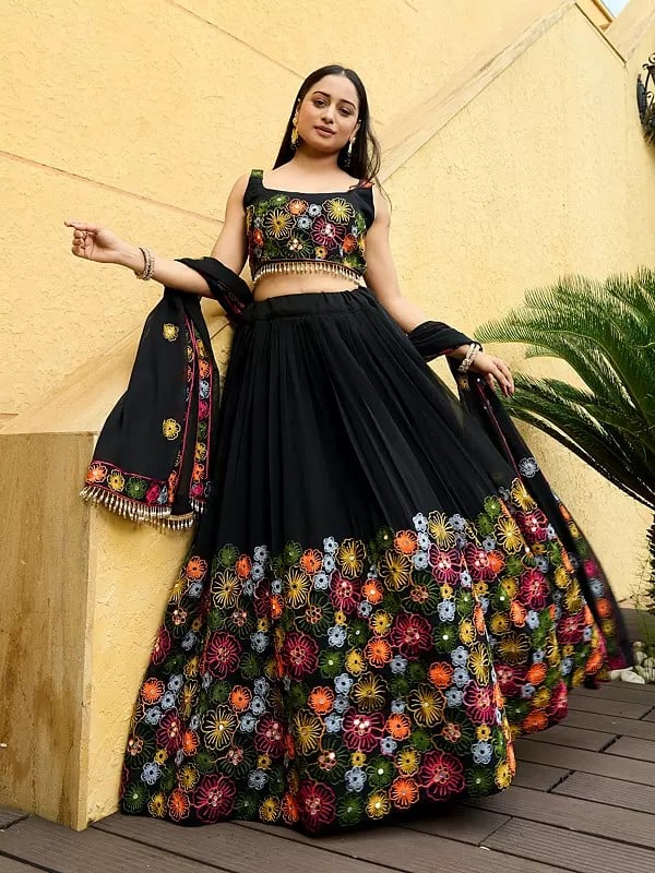 Georgette Heavy Embroidery And Mirror Work Festival Wear Lehenga Choli With Dupatta