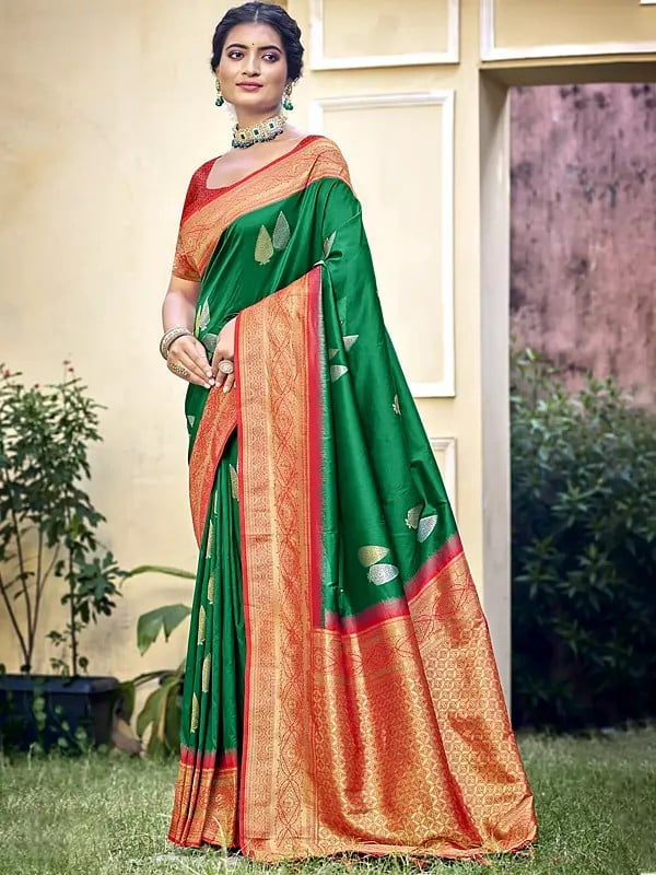 Broad Border Leaf Motifs Festival Wear Silk Saree With Tassels Pallu