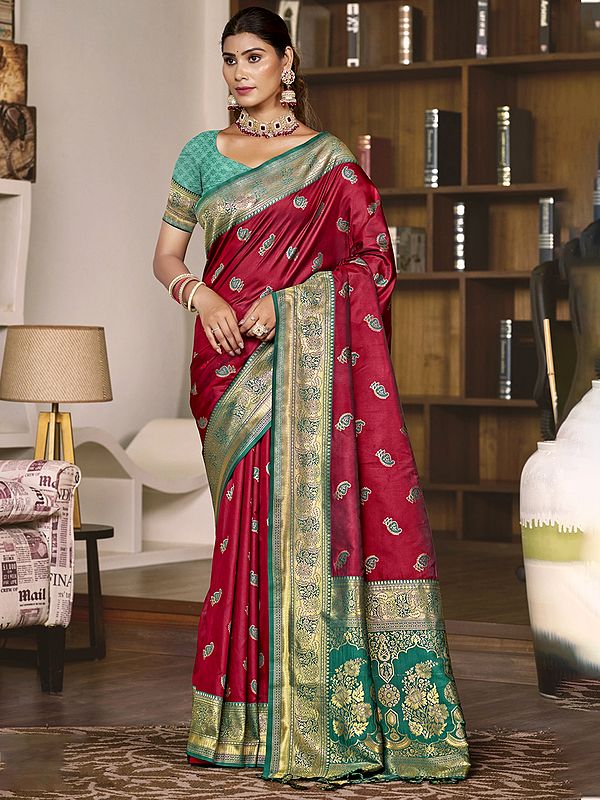 Festival Wear Contrast Border All Over Floral Leaf Motifs Silk Saree With Blouse