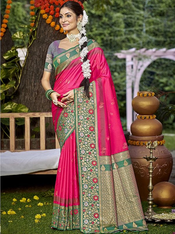 Floral Broad Border Wedding Wear Attractive Silk Saree With Blouse