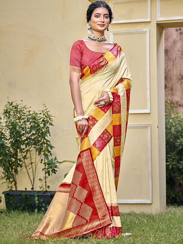 All Over Small Motifs Broad Border Festival Wear Silk Saree With Blouse