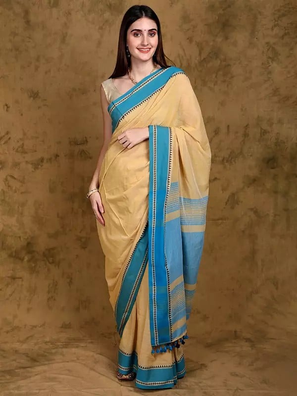 Apricot-Gelato Pure Cotton Tangail Saree with Contrast Temple Border and Latkan