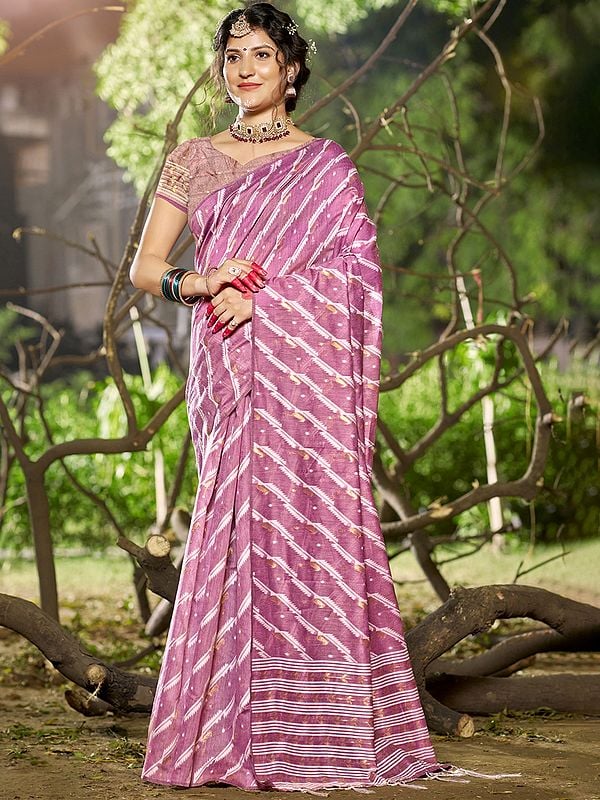 Striped Pattern All Over Cotton Linen Saree With Tassels Pallu For Casual Occasion