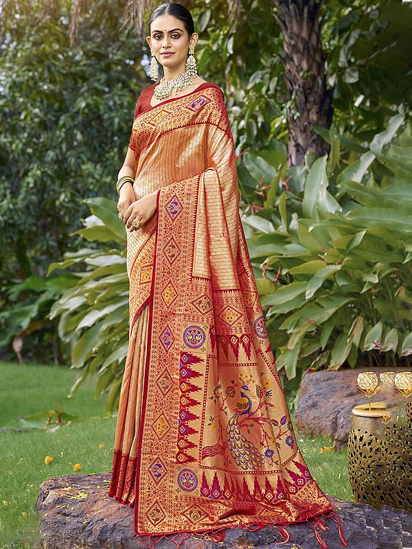 Broad Border Attractive Wedding Wear Traditional Silk Saree With Peacock Motifs On Pallu