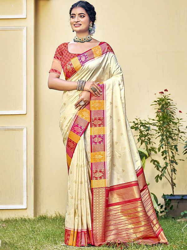 Small Motifs Woven Work Wedding Wear Traditional Silk Saree With Blouse