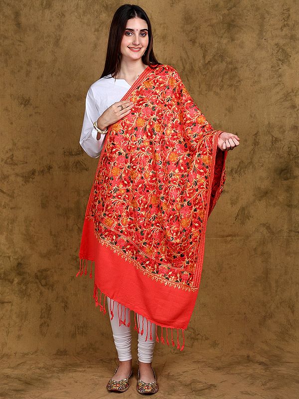 Hot-Coral Stole from Kashmir with All-Over Floral Aari Embroidery