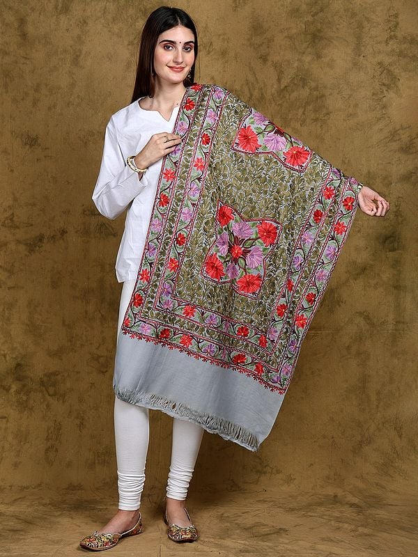 Zen-Blue All-Over Floral Aari Embroidered Stole with Fringe from Kashmir