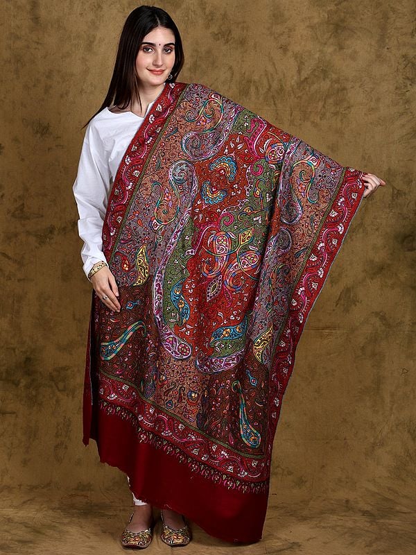 Red-Dahlia Jamawar Pashmina Shawl with All Over Heavily Detailed Embroidery from Kashmir