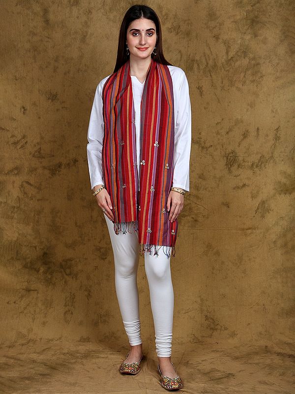 Multicolor Striped Cotton Scarf with Mirror Work