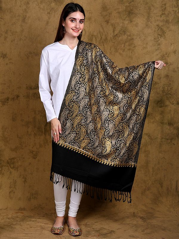 Black-Beauty Kashmiri Stole with All Over Golden Paisley Aari Embroidery