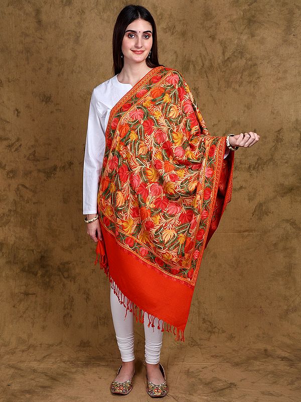 Spicy-Orange Jamawar Embroidered Kashmiri Stole with All-Over Leaves and Floral Design Work