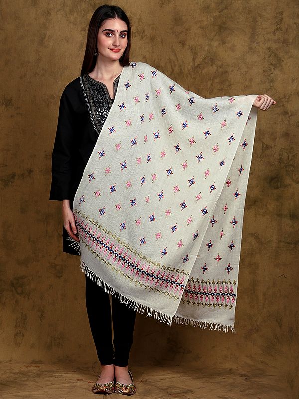 Ivory Merino Wool Kutch Stole with All-Over Multicolor Soof Embroidery