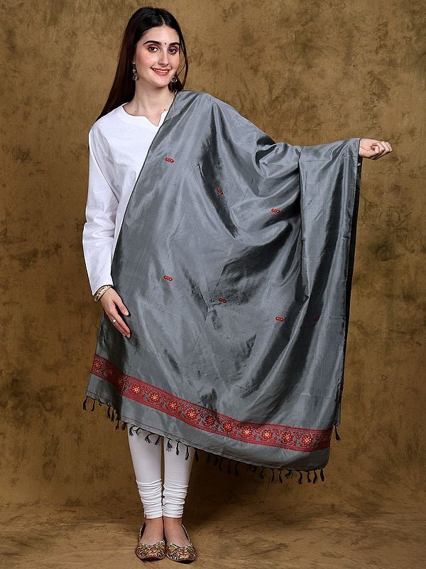 Pure Silk Baluchari Dupatta from Bengal with Woven Floral Vine Border and Bootis