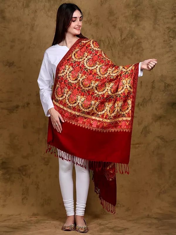 Wool Kashmiri Stole with All-Over Multicolor Paisley-Floral Aari Embroidery