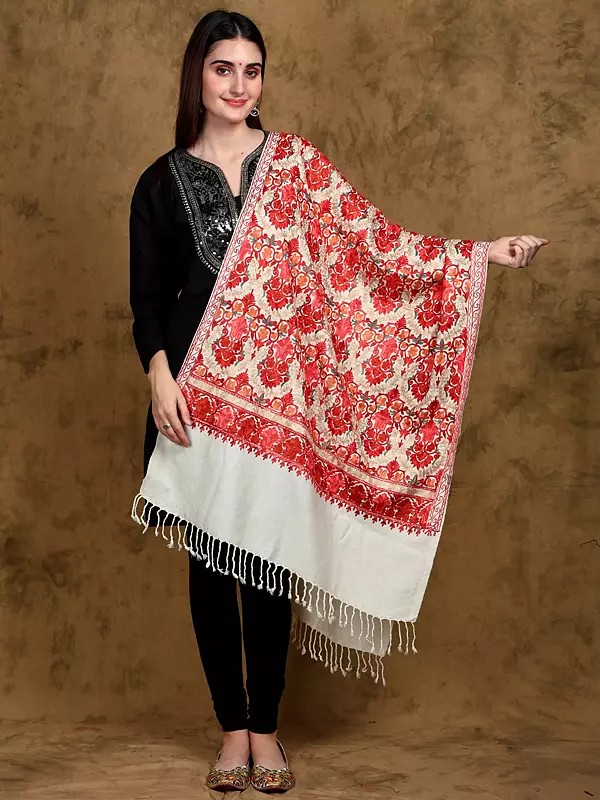 Wool Kashmiri Stole with All-Over Multicolor Paisley-Floral Aari Embroidery