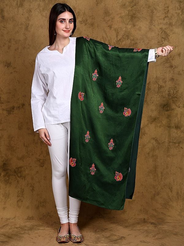 Formal-Garden Satin Stole from Kutch with Embroidered Peacock-Paisley Motifs and Mirror work