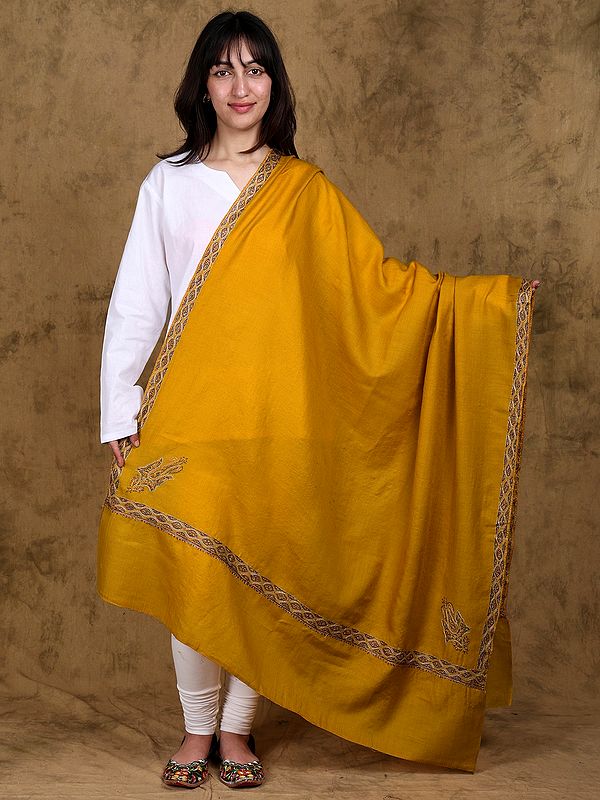 Golden-Glow Pure Wool Kashmiri Shawl with Sozni Hand-Embroidered Border and Paisley Corners