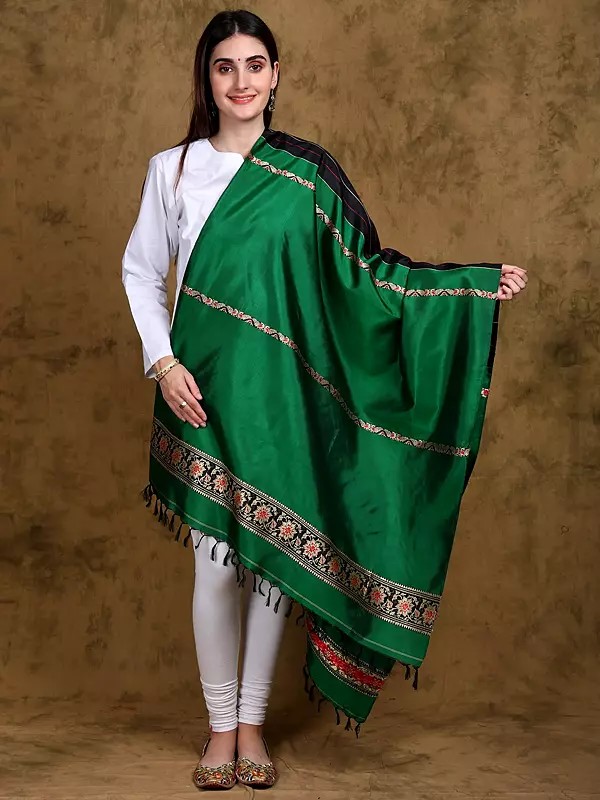 Pure Silk Baluchari Dupatta from Bengal with Stripes and Woven Floral Vine