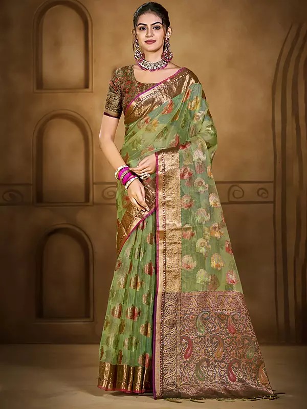 All Over Floral Woven Motifs Organza Saree With Attractive Paisleys Motifs Pallu