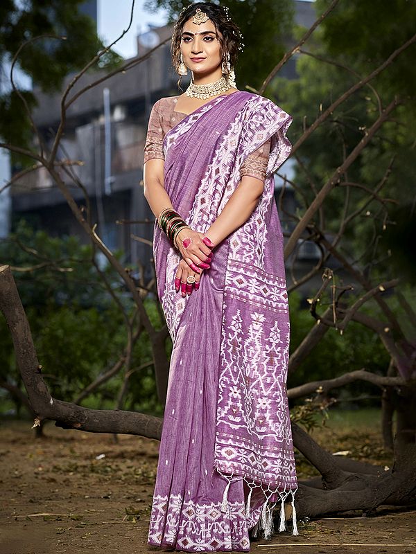 Cotton Printed Broad Border Wedding Wear Traditional Saree With Tassels Pallu