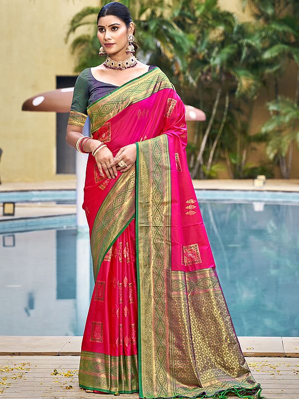 Broad Border Attractive Ethnic Motifs Festival Wear Silk Saree With Tassels Pallu