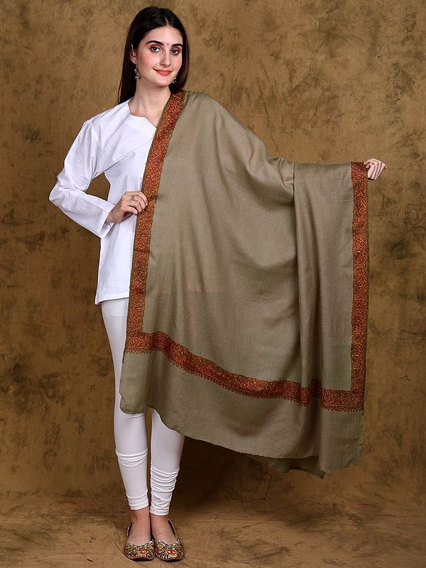 Brown-Lentil Kashmiri Shawl with Sozni Hand-Embroidered Paisley Border