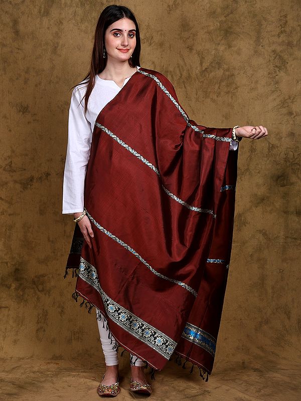 Red-Pear Pure Silk Baluchari Dupatta from Bengal with Woven Floral Vines