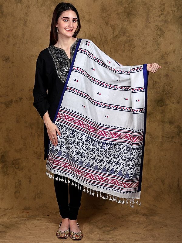 Lucent-White Mulberry Silk Digital Printed Stole from Tripura with Fringe Border