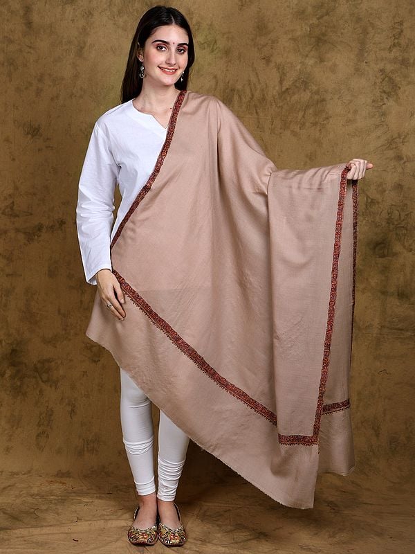 Rose-Dust Pure Wool Plain Shawl from Kashmir with Sozni Embroidered Border by Hand