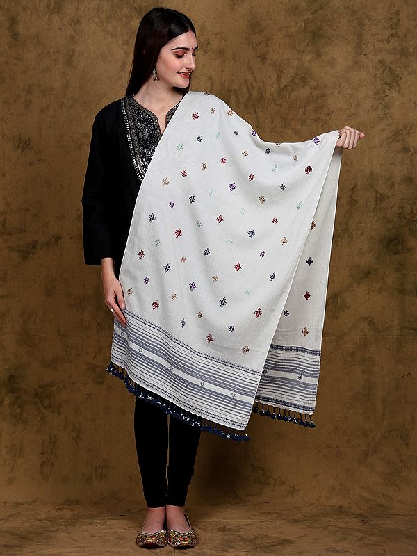 Star-White Soof Embroidered Stole from Kutch with Stripe Border and Fringe Border