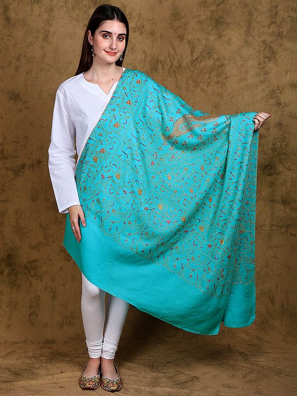 Blue-Atoll Kashmiri Shawl with All-over Sozni Hand-Embroidered Floral Jaal and Paisley