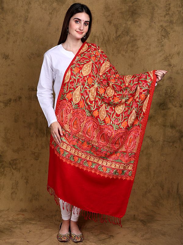 Flame-Scarlet Wool Stole from Kashmir with Aari Embroidered Floral Bail and Paisleys