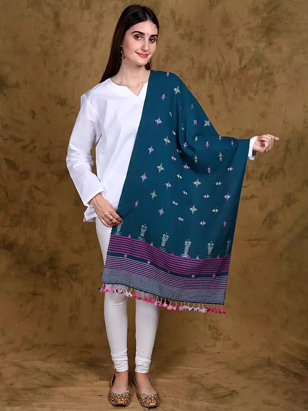 Moroccan-Blue Pure Cotton Stole from Kutch with Soof Embroidery and Stripe Border