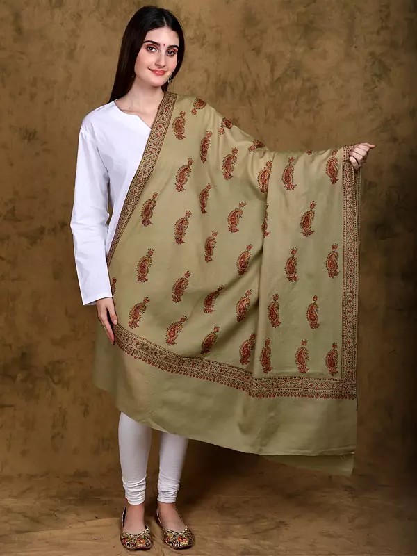 Olive-Gray Kashmiri Shawl with All-Over Sozni Hand-Embroidered Paisleys