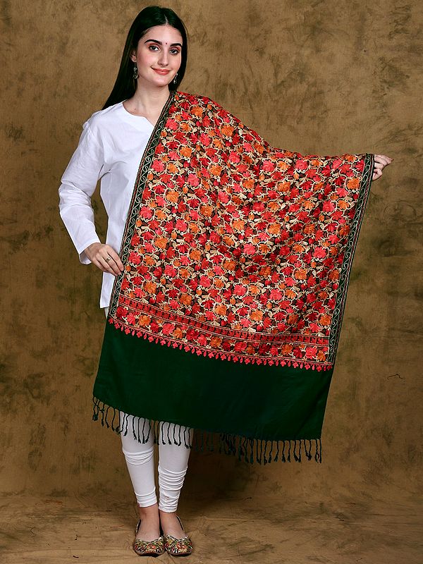 Rain-Forest Stole from Kashmir with All-over Aari Embroidered Floral Jaal in Multi-Color Thread