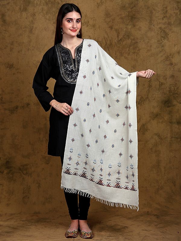 Light-Cream Merino Wool Stole from Kutch with Soof Embroidered Motifs