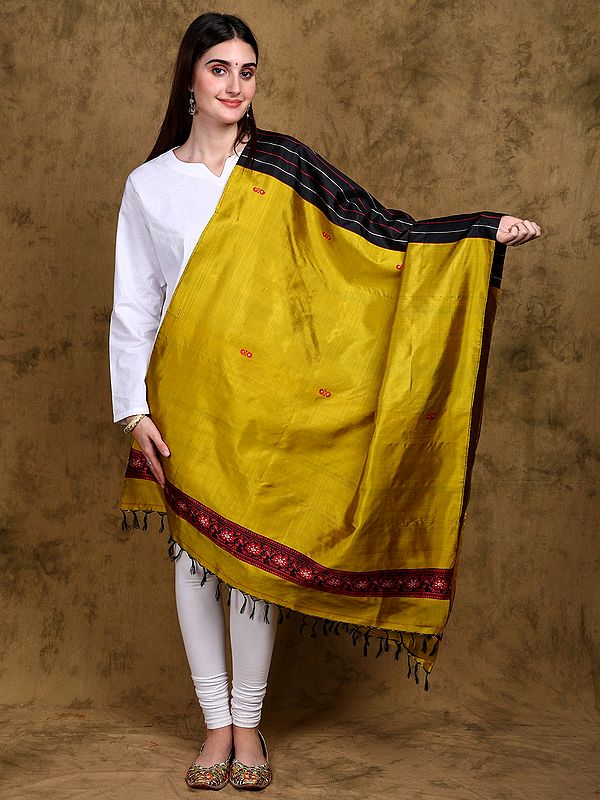 Greenish-Gold Pure Silk Baluchari Dupatta from Bengal with Woven Bootis and Vine Border