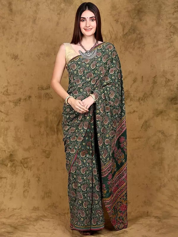 Silver-Pine Paisley Printed Crepe Saree with Kantha Embroidery and Sequins