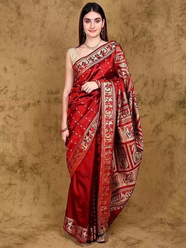 Red-Dahlia Pure Silk Swarnachari Baluchari Saree from Bengal with Zari Weave Village Tribe Scene