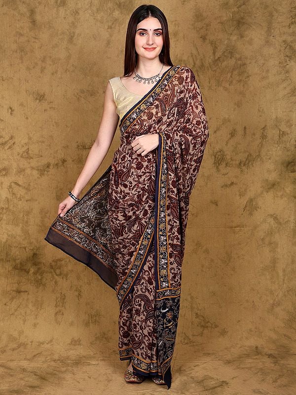 Almond-Milk Paisley Printed Georgette Saree with Kantha Embroidered Border and Pallu