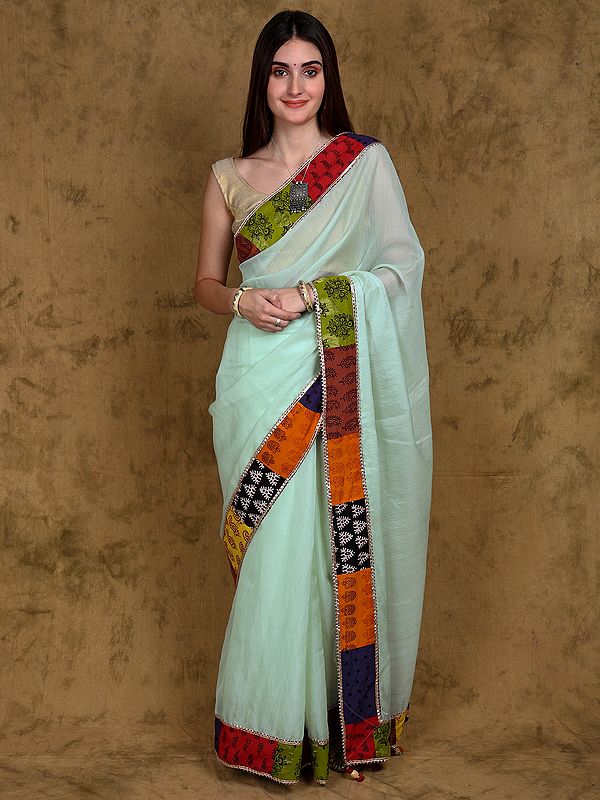 Misty-Jade Art Silk Saree with Patchwork Border and Latkan Pallu - Handcrafted by Adivasi Women of Madhya Pradesh